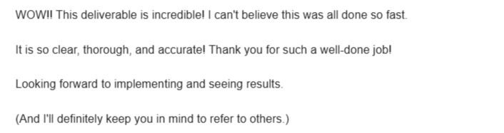 Client message praising an SEO deliverable